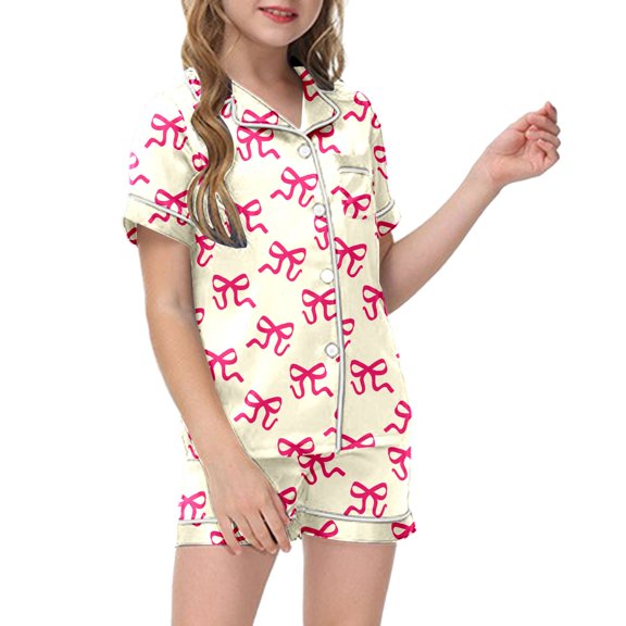 Outfits for Girls Bowknot Print Short Sleeve Lapel Pocket Shirt And Shorts 2 Piece Loungewear Baby Girls' Clothing Sets 3 Years-4 Years