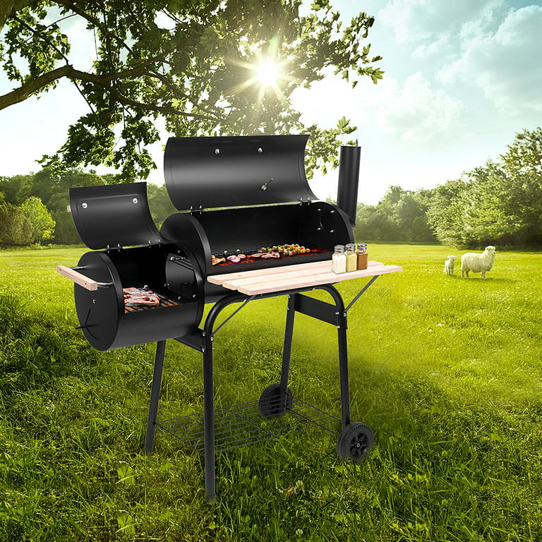 gnier postkontor Ensomhed BBQ Charcoal Grill with Offset Smoker, Portable Barbeque Grill with 2  Wheels, Shelves and Wooden Handles, Barbeque Cooker Smoker for Backyard  Family Gathering Camping and Outdoor Picnic, K2668 - Walmart.com
