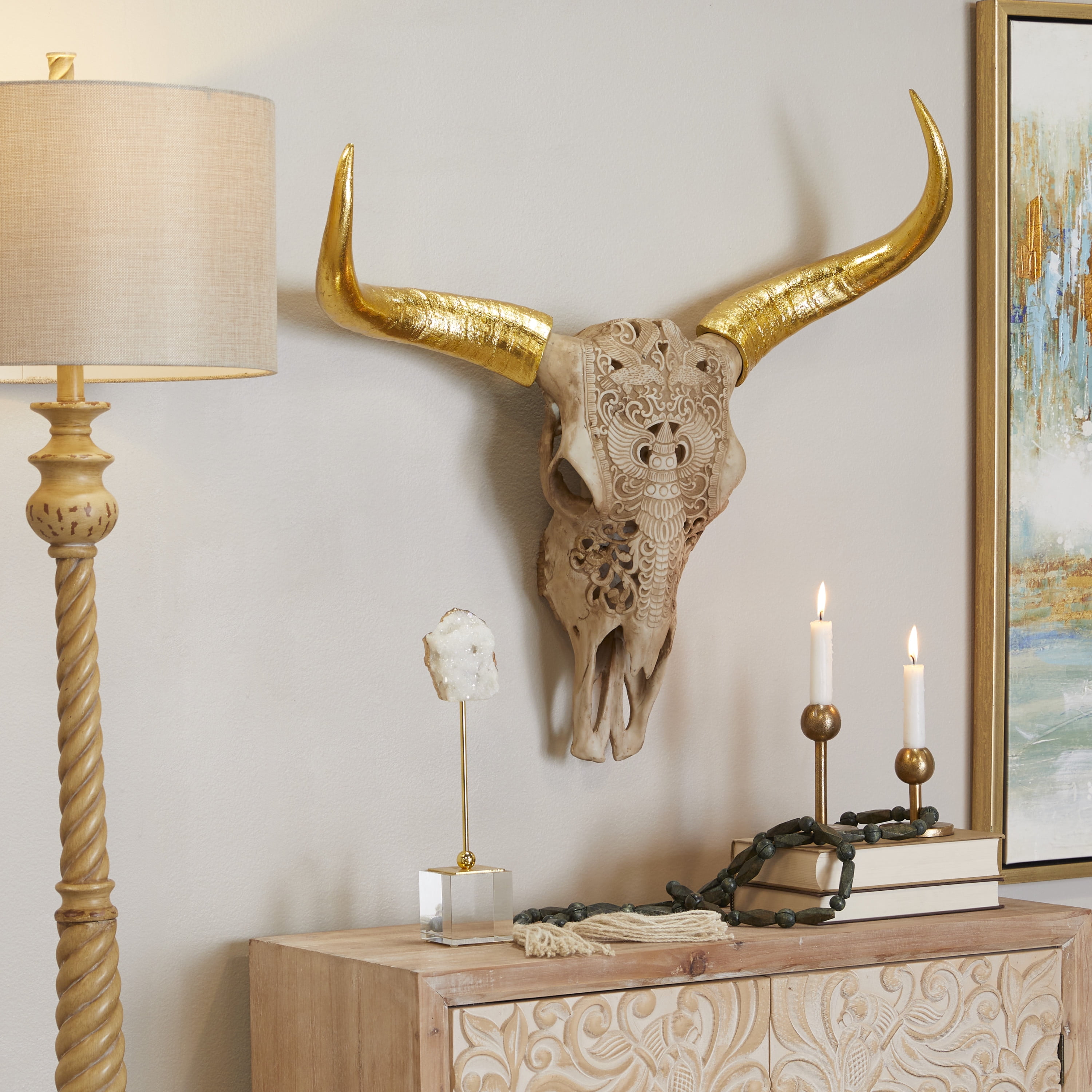 DecMode Brown Polystone Carved Skull Cow Wall Decor