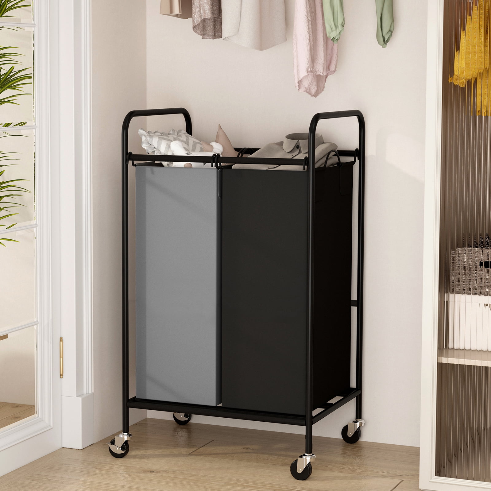 2 Section Laundry Hamper, 80L Large Rolling Laundry Sorter Cart, Laundry Basket with Lockable Wheels & Removable Bags, Laundry Room Organization for Dirty Clothes Storage
