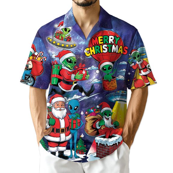Netecom Alien Santa Claus Christmas Hawaiian Shirt for Men, Funny Galaxy Space Holiday Button Down Summer Beach Shirts, S-5XL
