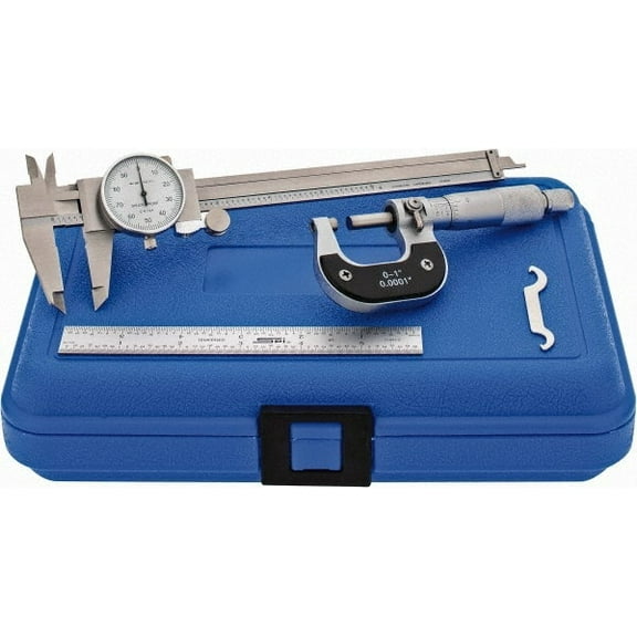 3 Piece Machinist Measurement Kit: 0-1" Micrometer, 6" Dial Caliper, 6" 4R Rule