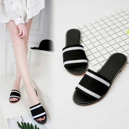 

〖Yilirongyumm〗 Black 41 Slippers For Women Breathable Summer Sandals Beach Flat Open Slippers Slip-On Toe Shoes Printing Women s Slipper