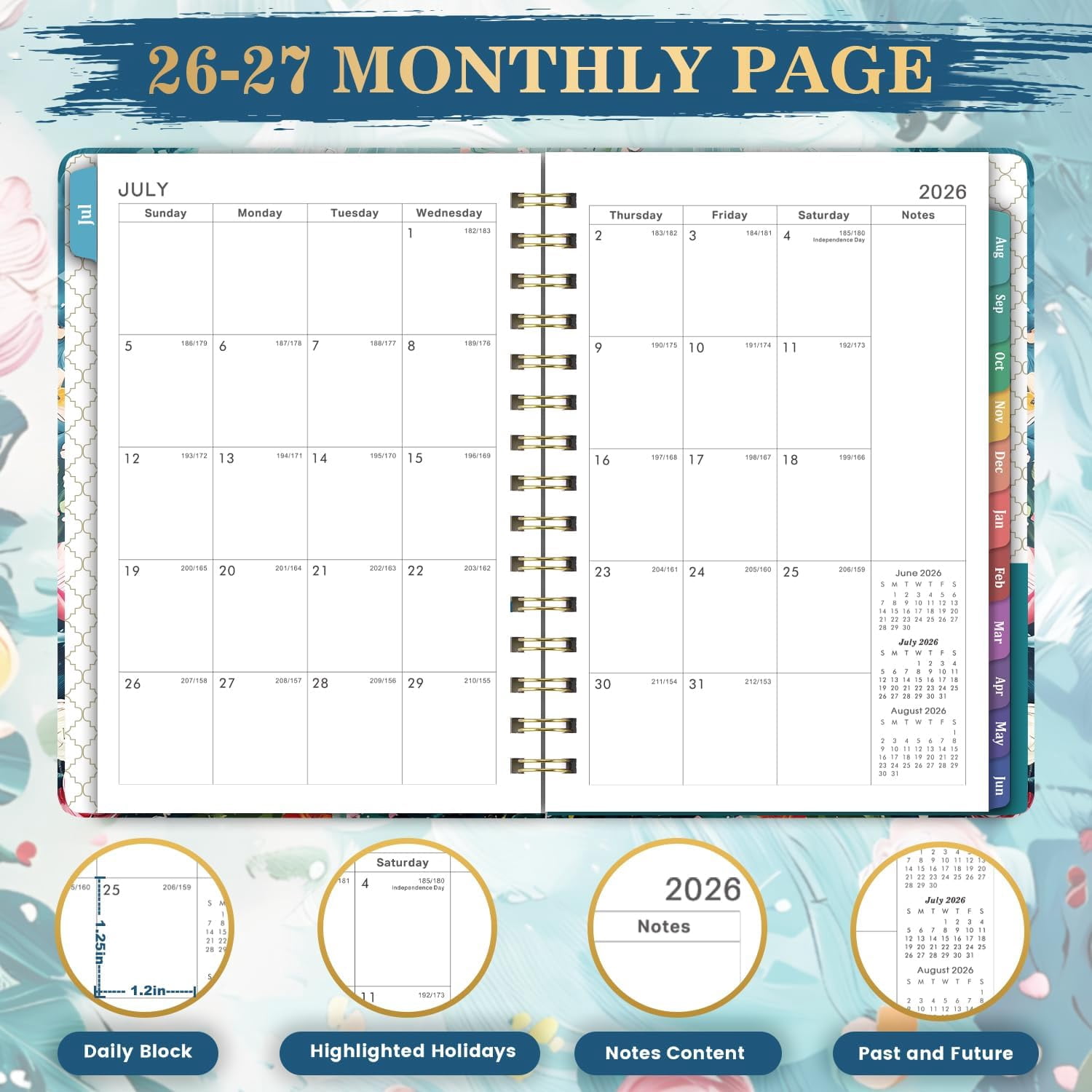 2026-2027 Planner - July 2026 - June 2027, Weekly Monthly Planner 2026-2027 with Colorful Tabs, 6.3" x 8.4", Floral, Twin-Wire Binding