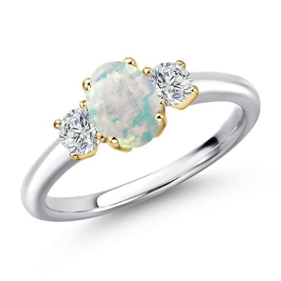 Gem Stone King 10K Two Tone Gold Simulated White Opal and Lab Grown Diamond Engagement Ring for Women | 1.34 Cttw | Oval Cabochon 7X5MM | Gemstone October Birthstone | Size 8
