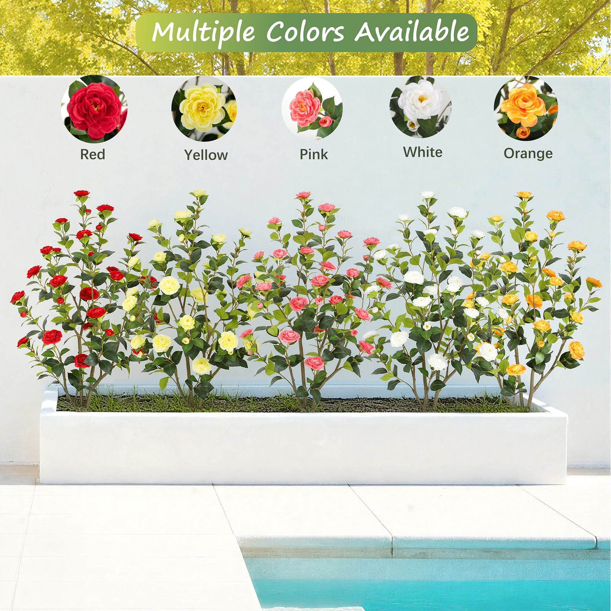 RosyHaven Full 2ft Artificial Camellia Tree with Realistic Orange Camellia Flowers, 24"Fake Camellia Tree, Faux Camellia Tree outdoor for Front Door Porch Patio Garden Yard Pool Room Decor,2Pack