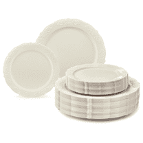 " OCCASIONS " 120 Plates Pack,(60 Guests) Vintage Wedding Party Disposable Plastic Plates Set -60x10.25'' Dinner  60x7.5'' Salad/Dessert Plate (Portofino Plain Ivory)