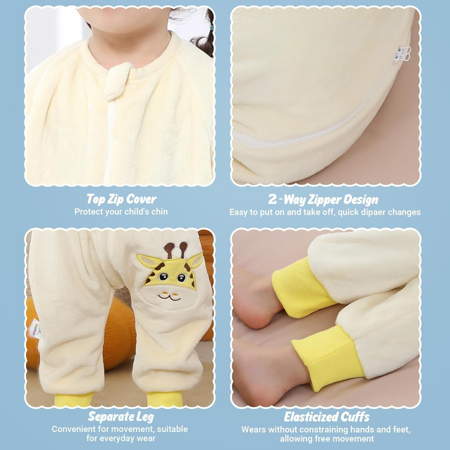 WIBACKER 9M-6Y Baby Warm Flannel Sleeping Bag with Feet, Giraffe Sleepsuit, Kids Toddler Boys Girls Double Zipper Wearable Sleep Sack