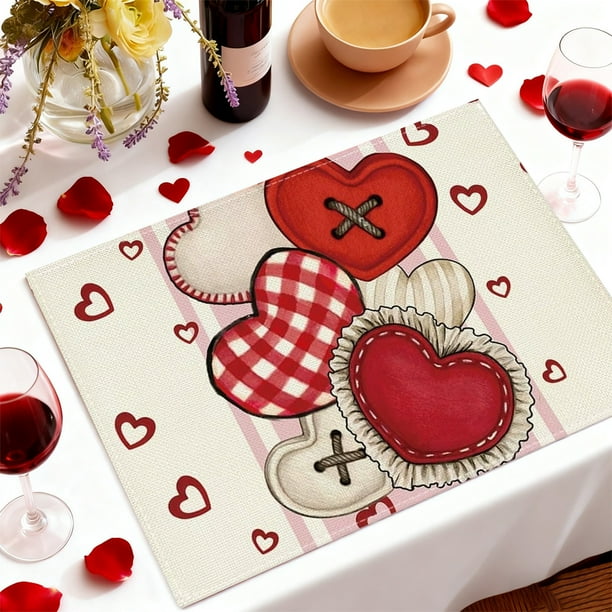Manteles individuales de lino para San Valentín | Manteles aislantes con estampado de corazones rojos | Tela de lino duradera con bordes reforzados | Resistente al calor y a los arañazos |