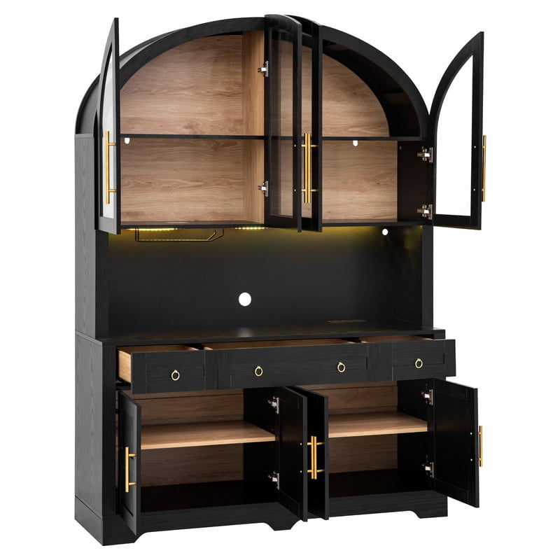 Arched Kitchen Pantry Cabinet with LED Lights & Charging Station, 55" Farmhouse Hutch Storage Cabinet with Glass Doors, Drawers, Adjustable Shelves & Barn Doors for Kitchen, Dining Room
