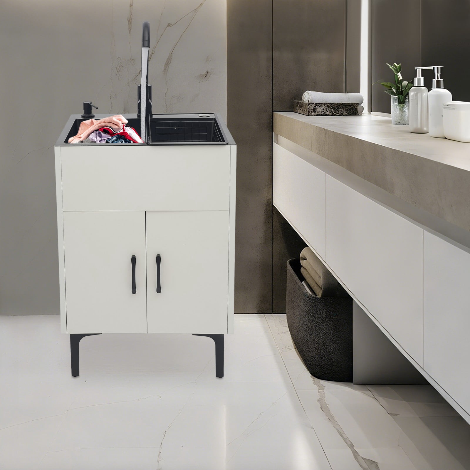 Freestanding Bathroom Sink Cabinet, 201 Stainless Steel, Solid Wood Construction, Nano Coating, Welding, Polishing Process, Perfect for Hotels, Restaurants, and Kindergartens