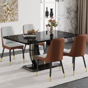 JUFU 63 Black Faux Marble Dining Table Set, 5-Piece Modern Dining Set with PU Leather Chairs and Metal Legs for Kitchen, Dining Room, Living Room