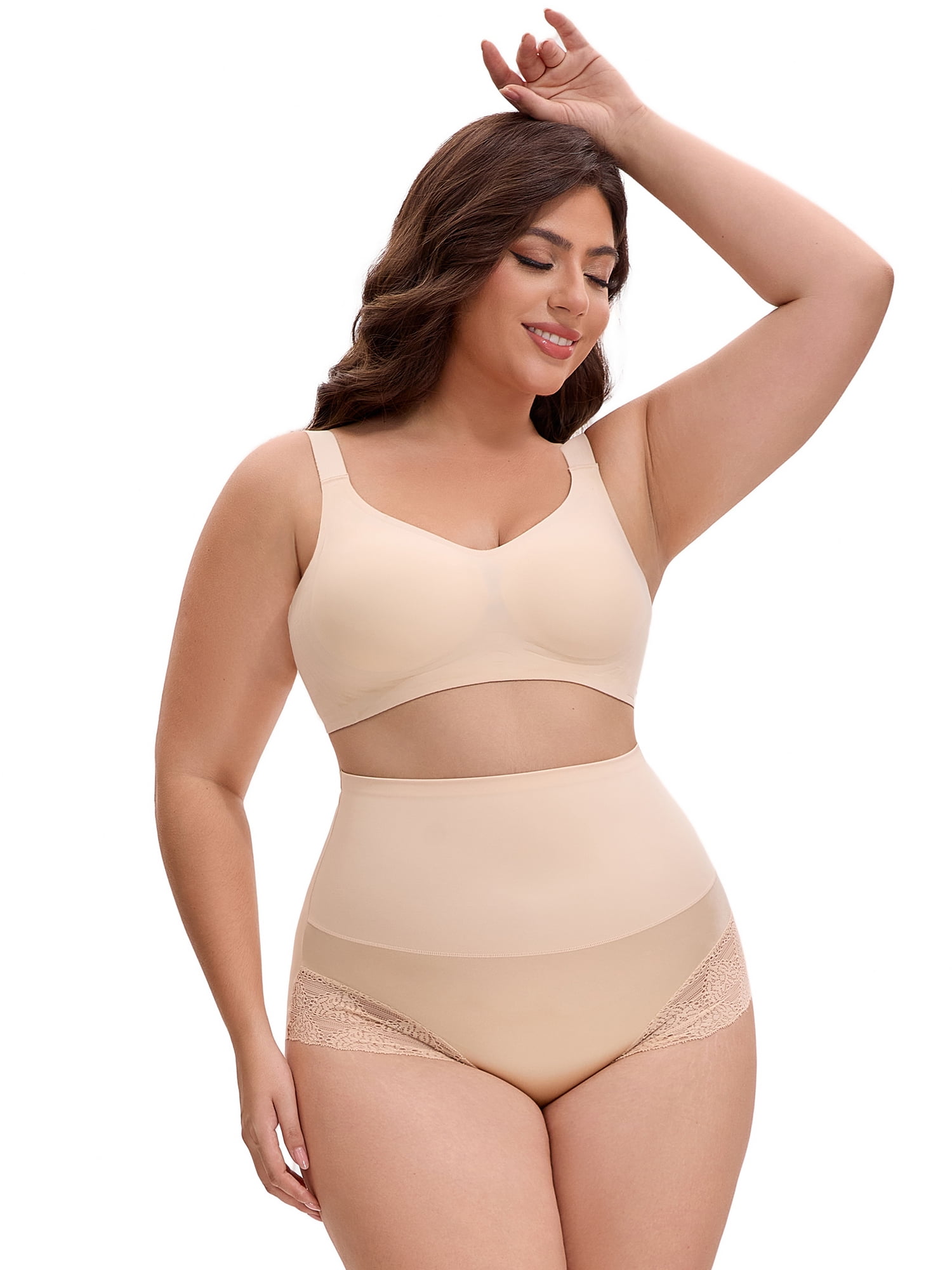 Unique Bargains Lace Trimmed High Waisted Tummy Briefs 2XL Beige