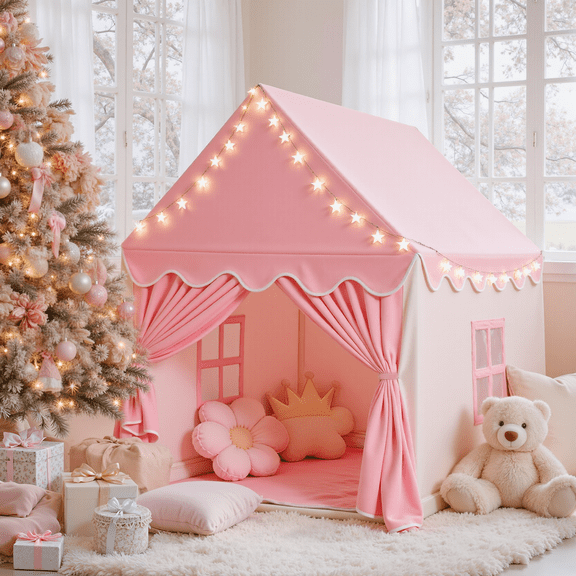 SweHouse Kids Play Tents Indoor & Outdoor for Girls Large Fairy Playhouse with Soft Rug and Star Lights for Toddlers Princess Castle Tent Gift Toys for Girl Toddler Children (Pink)