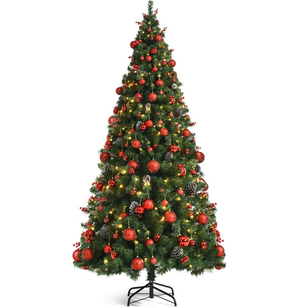 Costway 7ft Prelit Christmas Hinged Tree w/ Pine Cones Red Berries