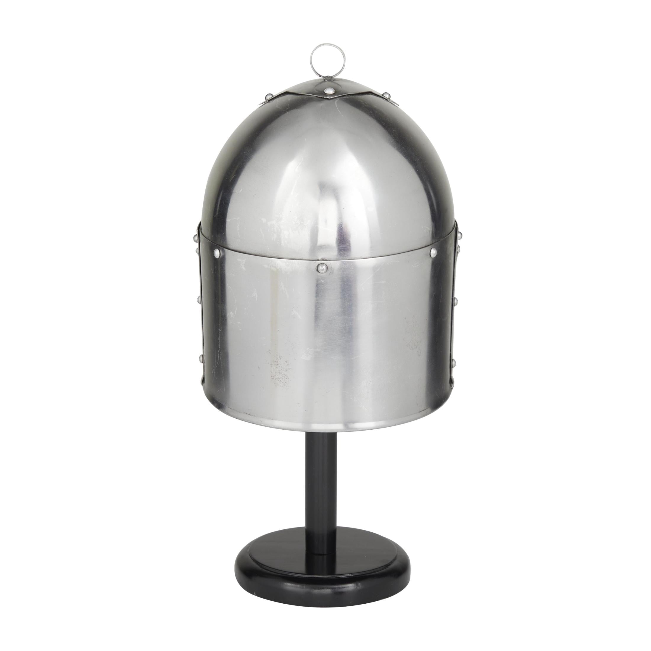 18" Silver Metal Replica Medieval Knight Crusader Mask Helmet with Black Wood Stand, by DecMode