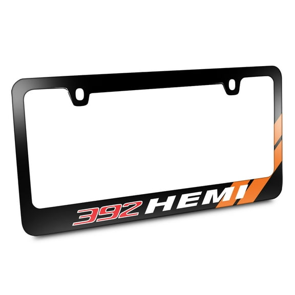 392 HEMI Orange Stripe Black Metal License Plate Frame
