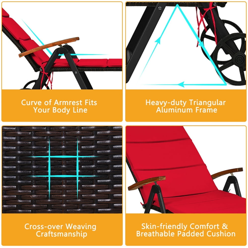 Aimee Lii Folding Patio Rattan Lounge Chair with Wheels, Patio Loungers, Red