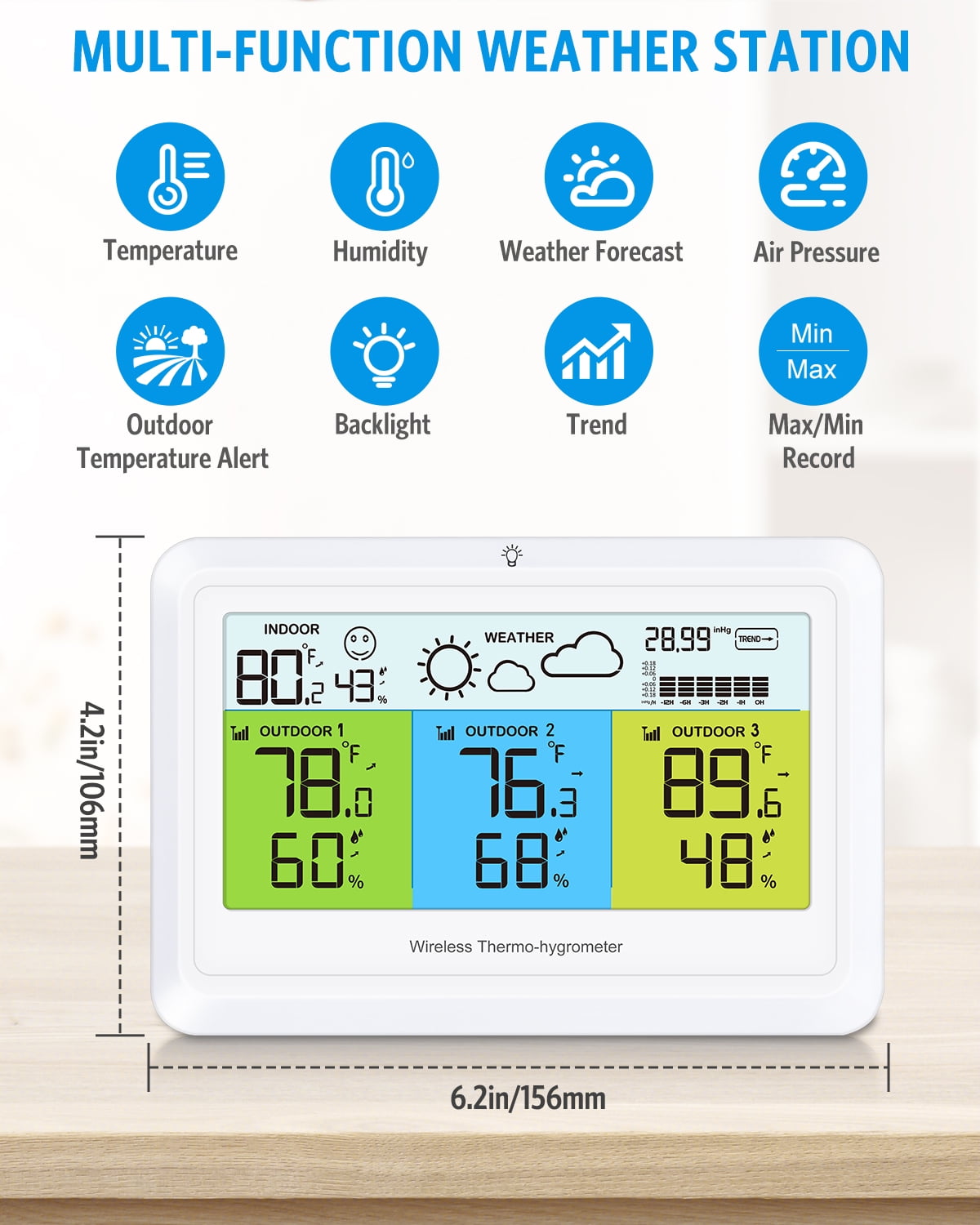 Weather Station, AMIR Indoor Thermometer with 3 Sensors Alert Barometer Pressure Backlight Forecast Outdoor Thermometer Humidity Gauge for Home Greenhouse Office