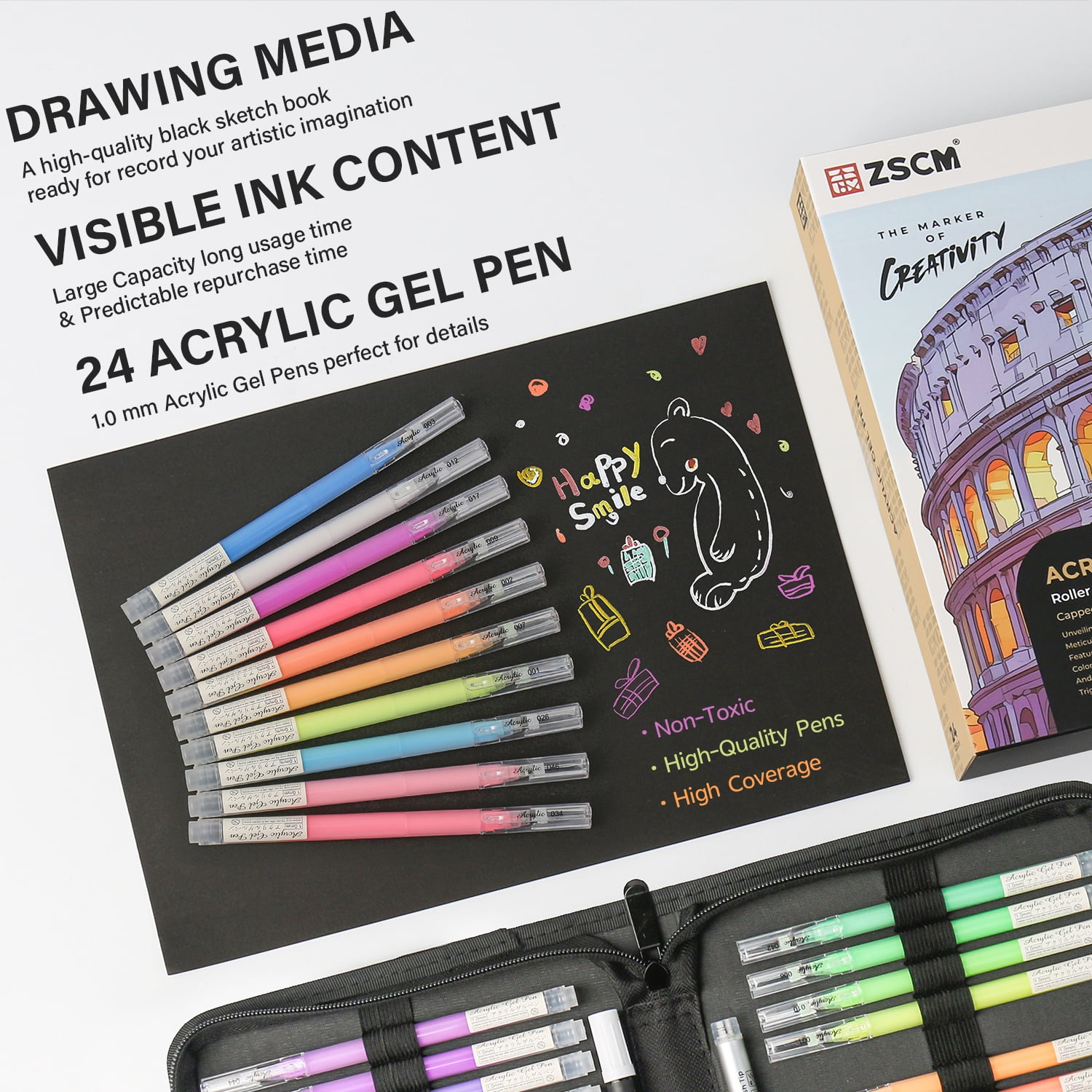 ZSCM Black Paper Sketchbook & 24 Colors Acrylic Gel Pens for Drawing, 1mm Fine Point Acrylic Ink Pen for Black Paper, Sketching, Illustration, Card