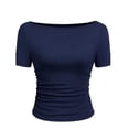 thumbnail image 2 of HOMBOM Womens T Shirts Summer Y2k Graphic Tees Boat Neck Slim Navy Short Sleeve Solid Lightweight Tops for Women, 2 of 5