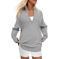 thumbnail image 2 of Women'S Long Sleeve Quarter Zip Pullover Sweater Casual Loose V Neck Collared Ribbed Knit Tops Light Gray M, 2 of 6