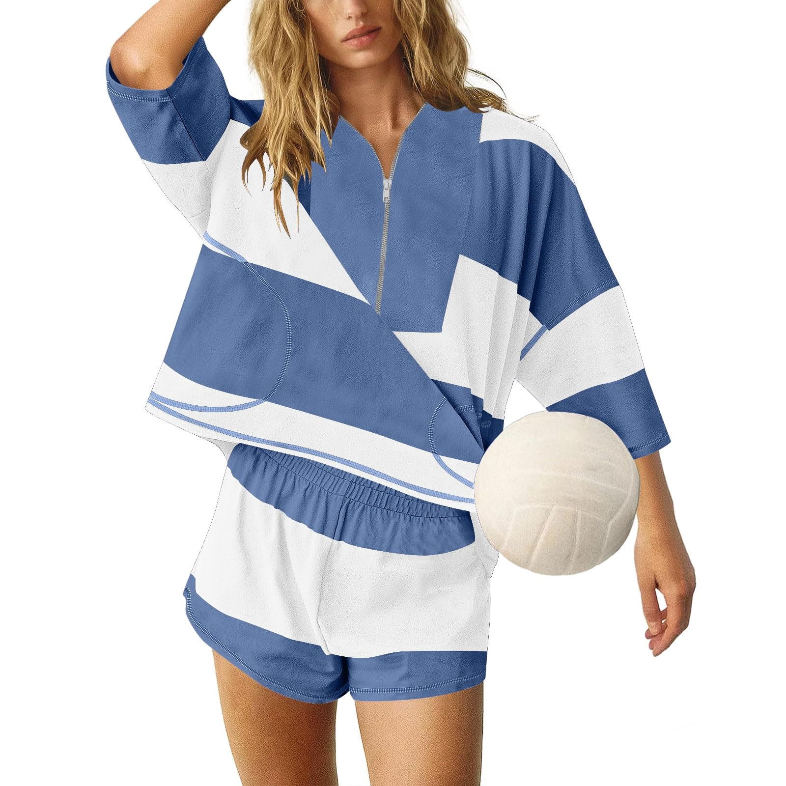 Womens 2 Piece Workout Sets Summer Outfits Striped Matching Lounge Set Oversized Quarter Zip Shirt and Shorts