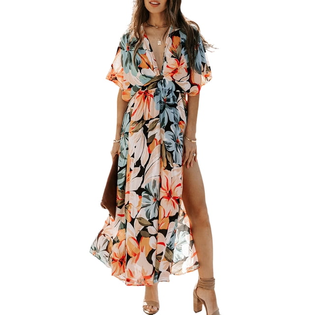 WILLBEST Vestidos de Verano 2025, Vestidos de Moda para Mujer, Vestido Sexy con Abertura y Estampado Floral de Cintura Alta Chica