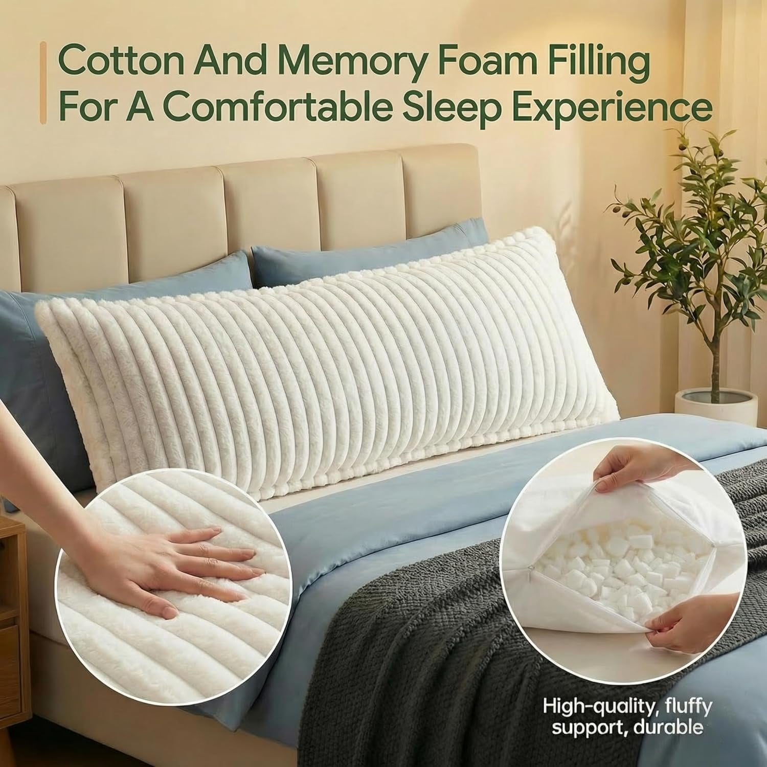 Fluffy Faux Fur Full Body Pillow for Adults, 20x54 Inch Shredded Memory Foam Pillow for Side Sleepers & Pregnancy Support, Long Bed Pillow for Back Pain Relief with Removable Cover