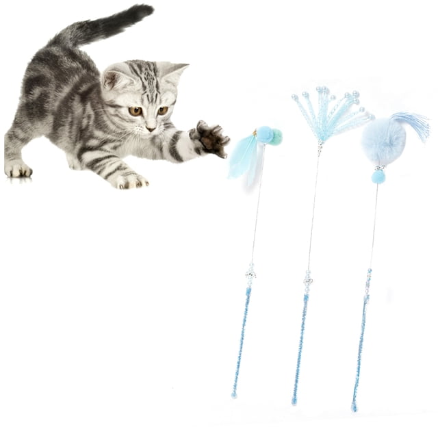 3PCS Cat Teaser Wand Interactive Beads Tassel Faux Feather Cat Wand Toy Cat Toy