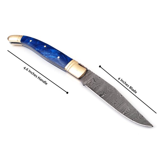 Laguiole Folding Damascus steel knife, 8.5" Long with 4" hand forged custom twist pattern Blade. unshrinkable Blue Raisen scale with brass bolster and Pommel. Cow hide leather sheath included