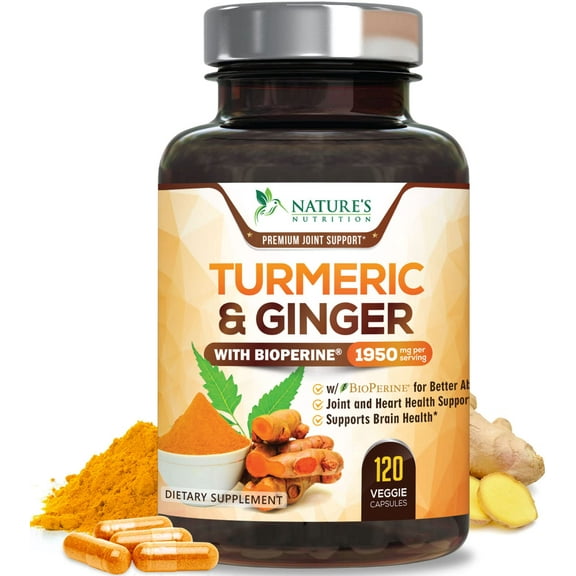 Turmeric Curcumin Supplement 1950mg - 95% Curcuminoids with Organic Turmeric & Ginger, BioPerine Black Pepper for Best Absorption, Nature's Vegan Joint Support, Non-GMO, Bottled in USA - 120 Capsules