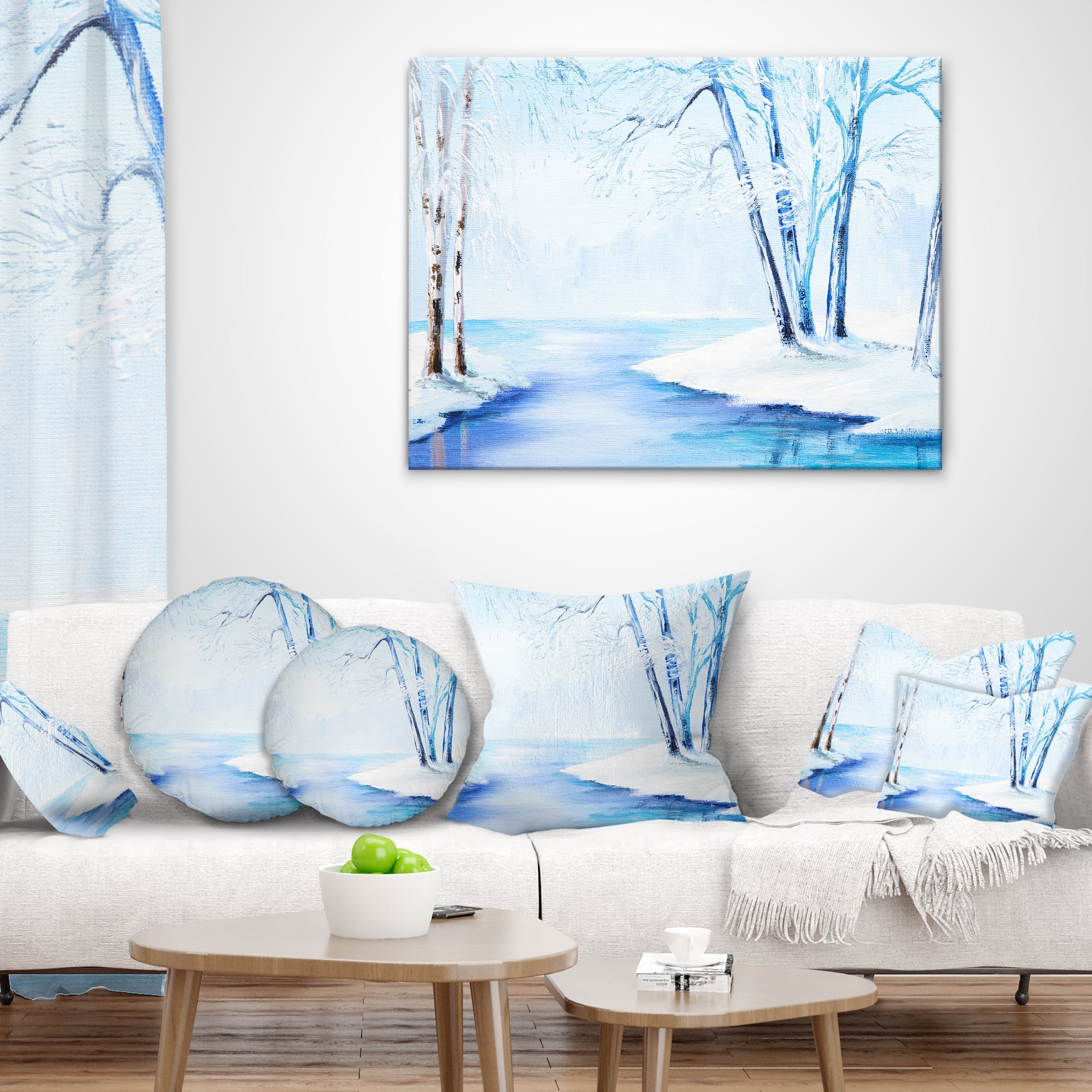 Designart River in Snowy Winter - Abstract Landscape Printed Throw Pillow - 16x16