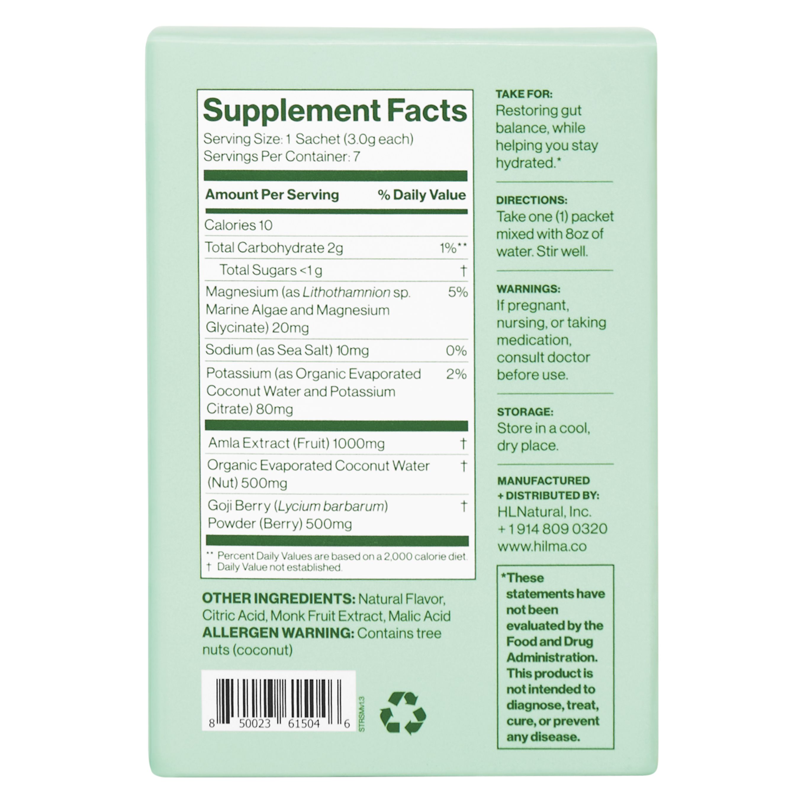 Hilma Stomach Recover and Hydrate Herbal Supplement Vegan Sachets, Natural Hydration Drink Mix, Doctor Formulated, 7 Count