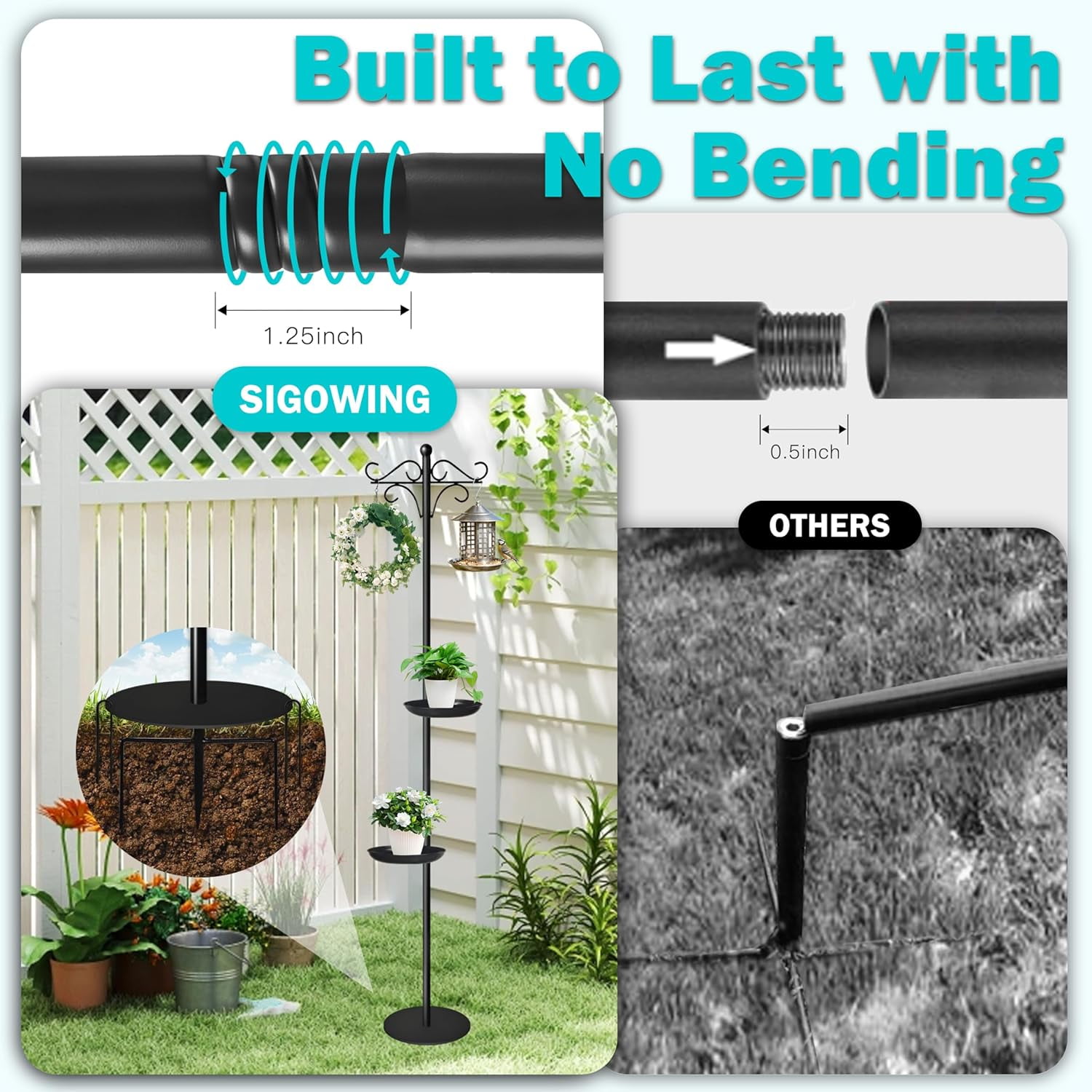 76" Thicken Shepherds Hooks for Outdoor - Double Shepherd Hooks for Outside with 2 Stands, Bird Feeder Pole with a Flat Base for Deck, Plant Stand Indoor, Wreath and Wind Chimes Hanger