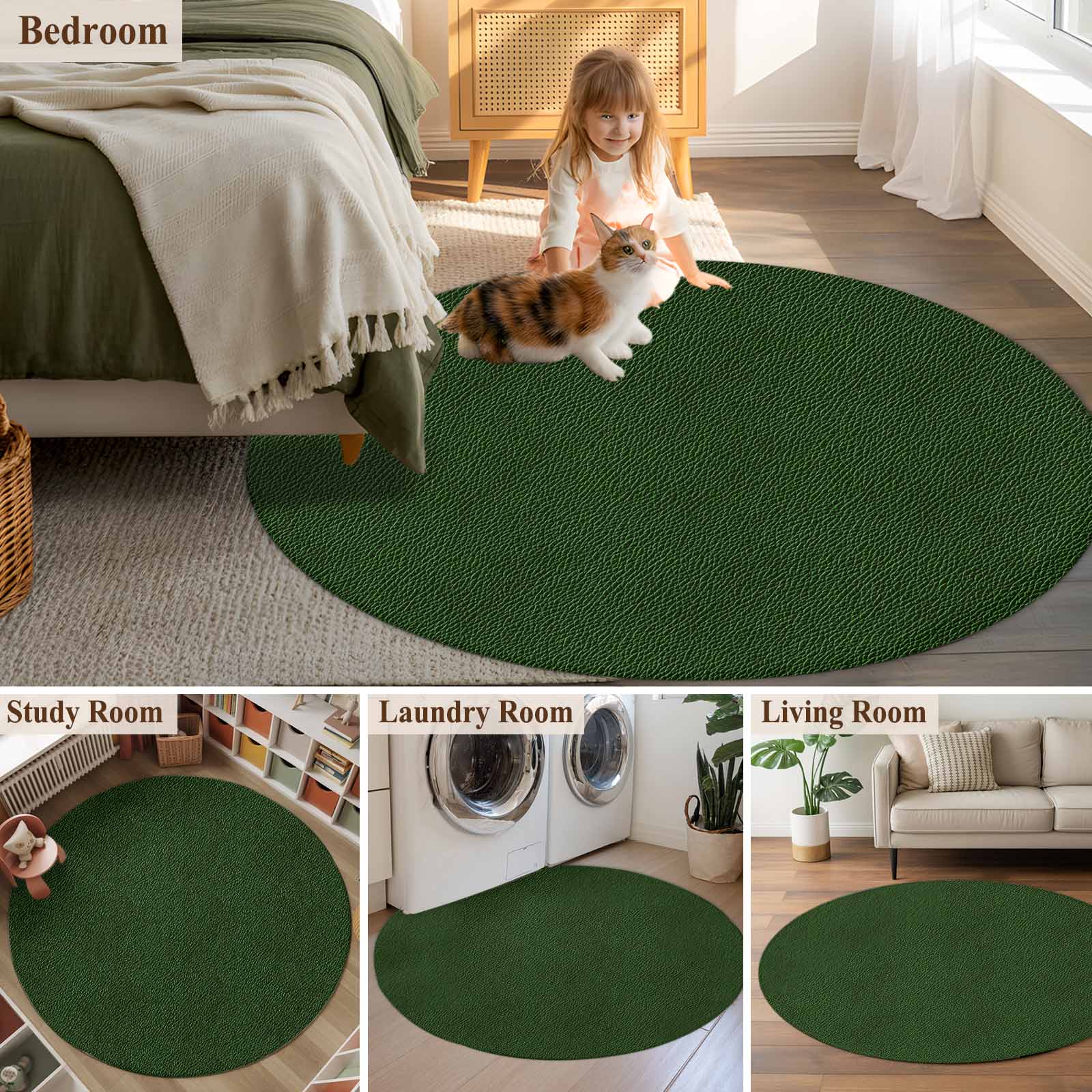 Solid Dark Green Round Rug 5ft Washable Circle Kitchen Rugs Non Slip Retro Minimalism Abstract Denim Texture Large Area Rug Indoor Floor Carpet for Bedroom Living Room Home Office Dining Room Nursery