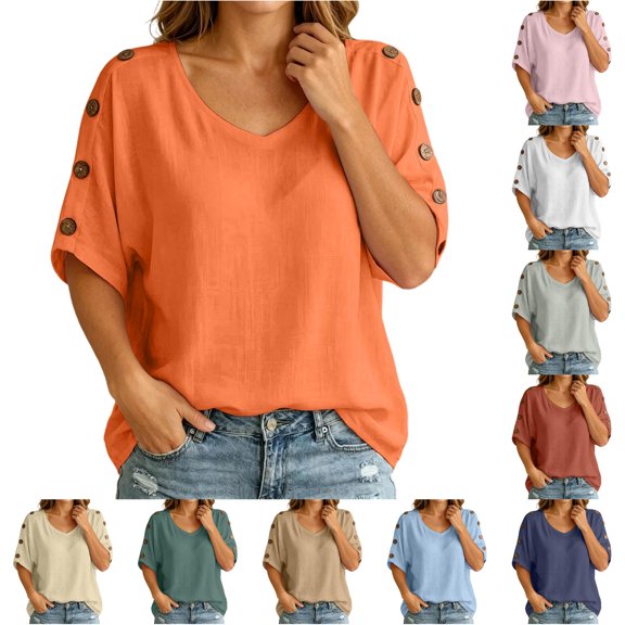 ZHOGXU Womens Summer T Shirt Short Sleeve V Neck Solid Color Comfortable Lightweight Breathable Tee Top For Casual Daily Wear,Orange,L
