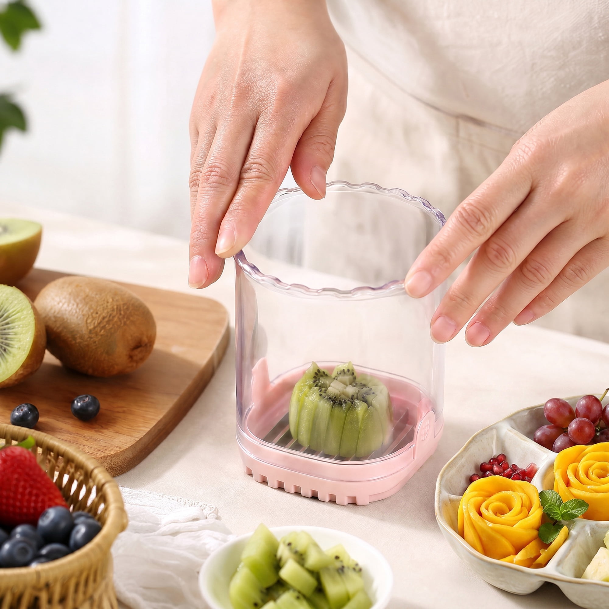 Unique Bargains Vegetable and Fruit Chopper Food Processor Veggie Cutter Pink