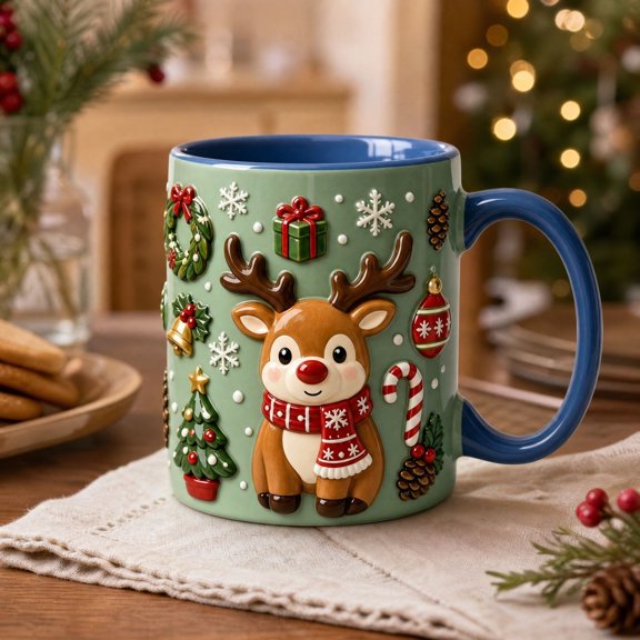 Christmas Reindeer Ceramic Mug with 2D Design, Holiday Coffee and Milk Cup for Breakfast Table, Home Beverage Service and Seasonal Gifting