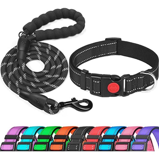 Conjunto de collar reflectante para perro (negro, collar de 28*38 cm), relleno de goma suave, transpirable y ajustable, collar de nailon para perro, adecuado para perros pequeños y medianos, conjunto