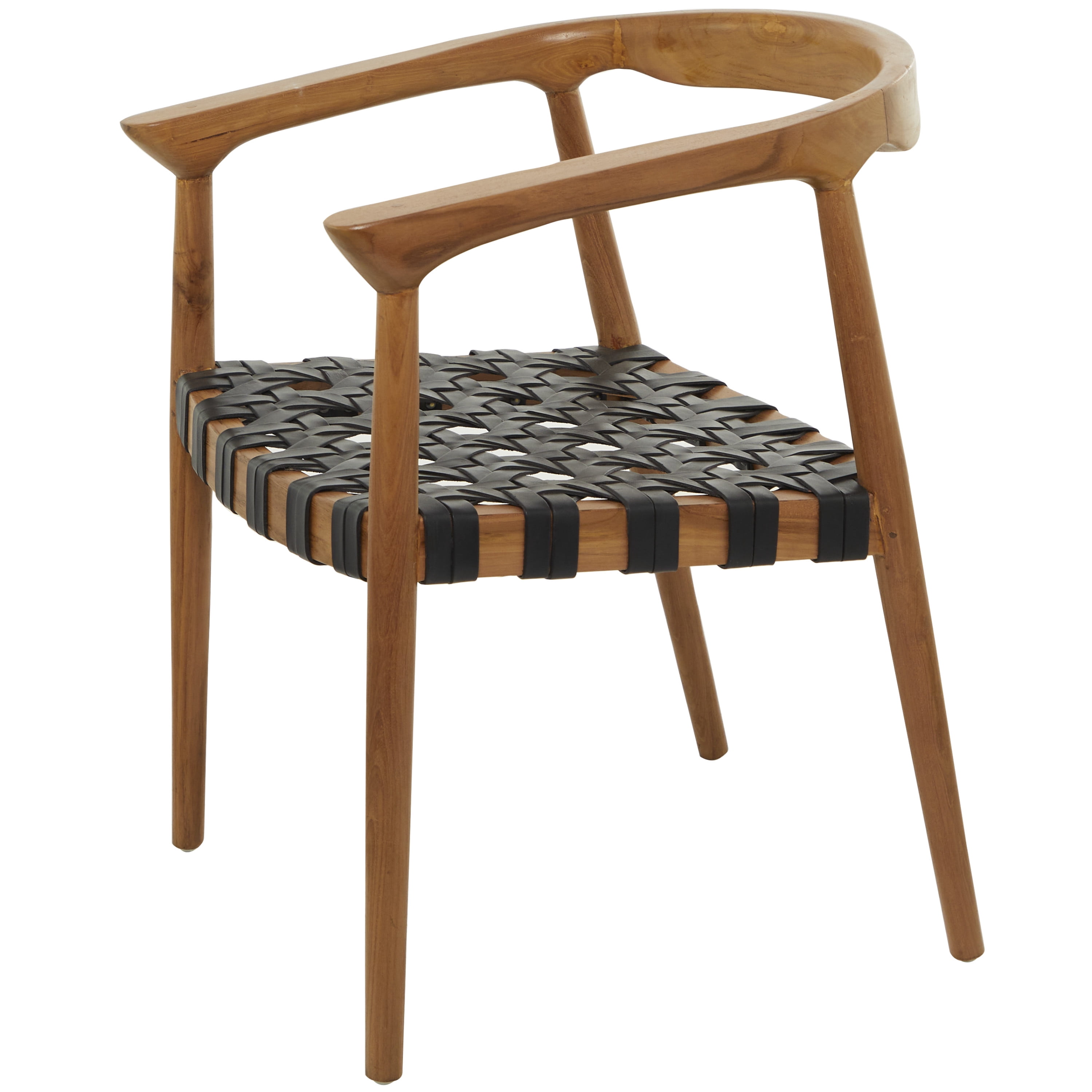DecMode Contemporary Accent Chair with Polished Brown Teak Wood and Black Leather Woven Seat, 22"W x 30"H