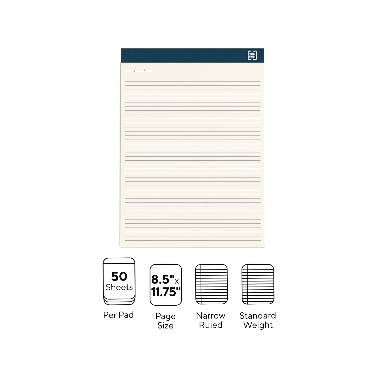 Staples TRU RED Notepads 8.5" x 11.75" Narrow Ruled Ivory 50 Sheets/Pad 24/Carton TR59945VS