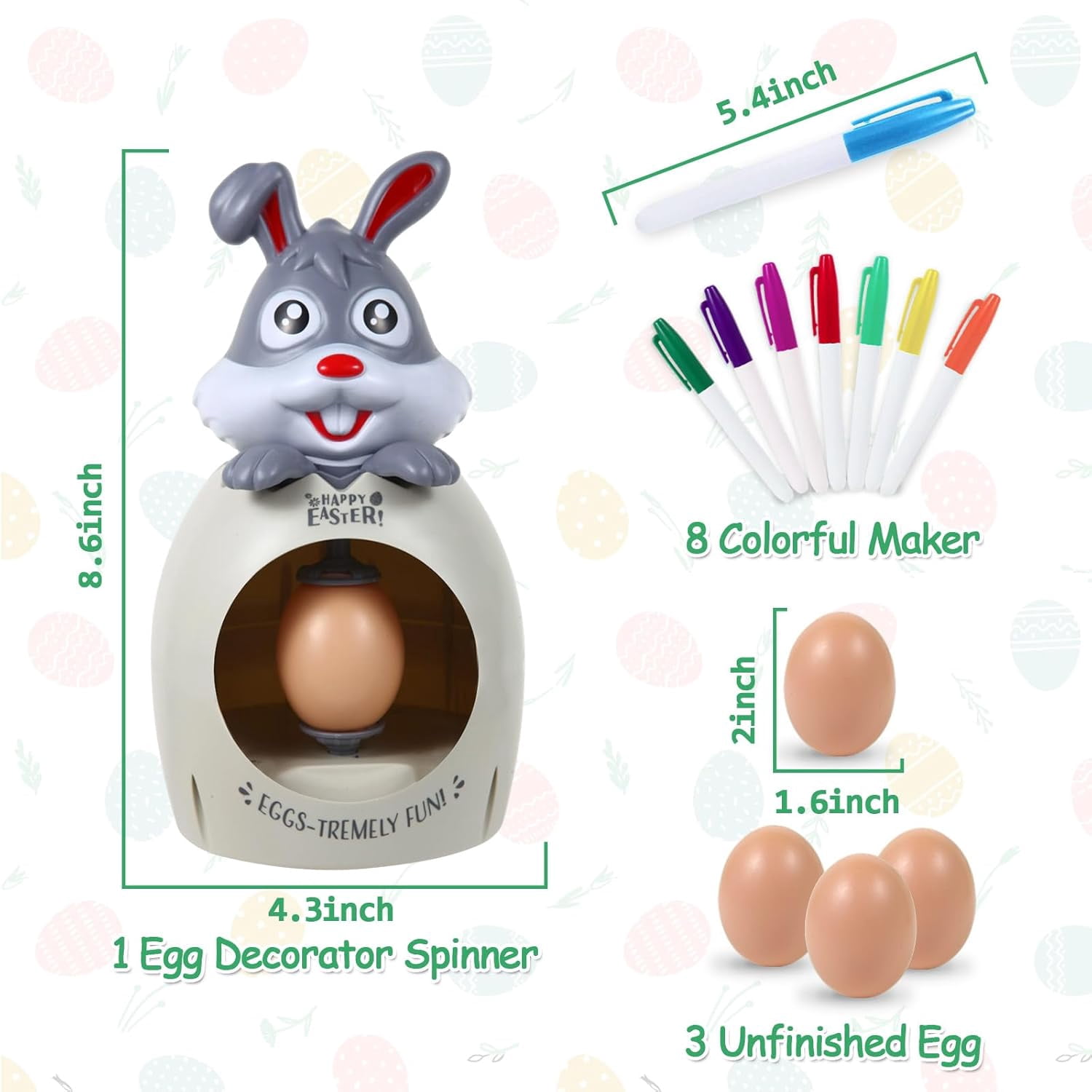 CEDQ Easter Egg Decorator Kit - Bunny Decorating Spinner Arts and Crafts Set with Music and Light, DIY Easter Eggs Coloring Kit with 3 Eggs & 8 Colorful Markers, Easter Gift for Kids Boys Girls Party