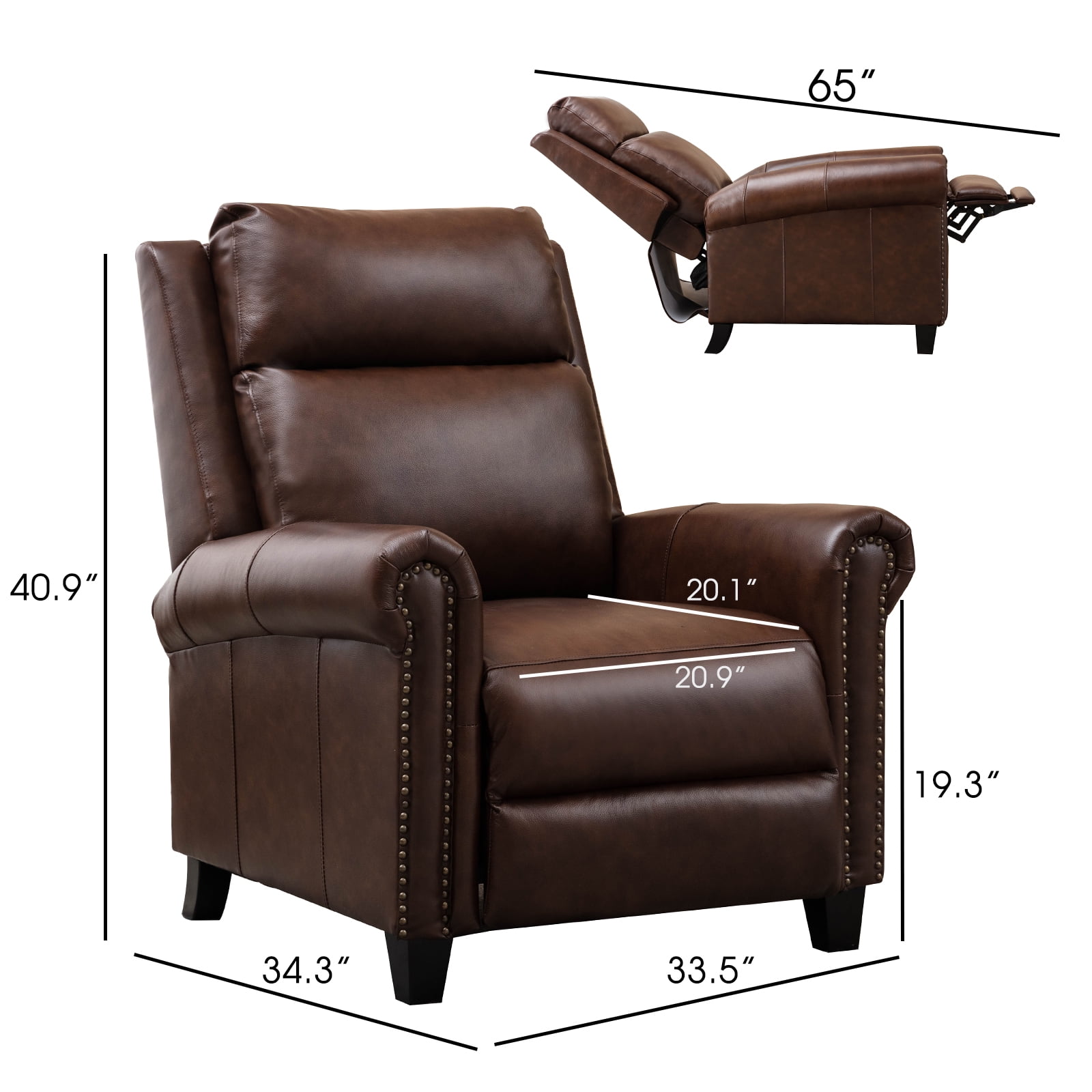 Bonzy Home Genuine leather Recliner Push Back Recline Chair with Classic and Traditional Armrests inlaid with Vintage Rivets, Brown