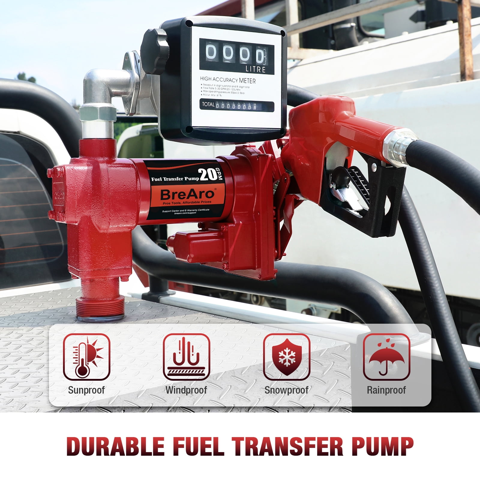 12V 20 GPM High Flow Fuel Transfer Pump with Mechanical Meter, Heavy Duty Cast Iron Pump for Gasoline, Diesel, Kerosene, Ethanol, Methanol, Biodiesel, Red