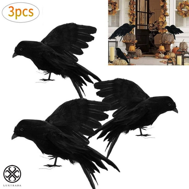 Luxtrada Halloween Realistic Handmade Crow Prop 3 Pack Black Feathered
