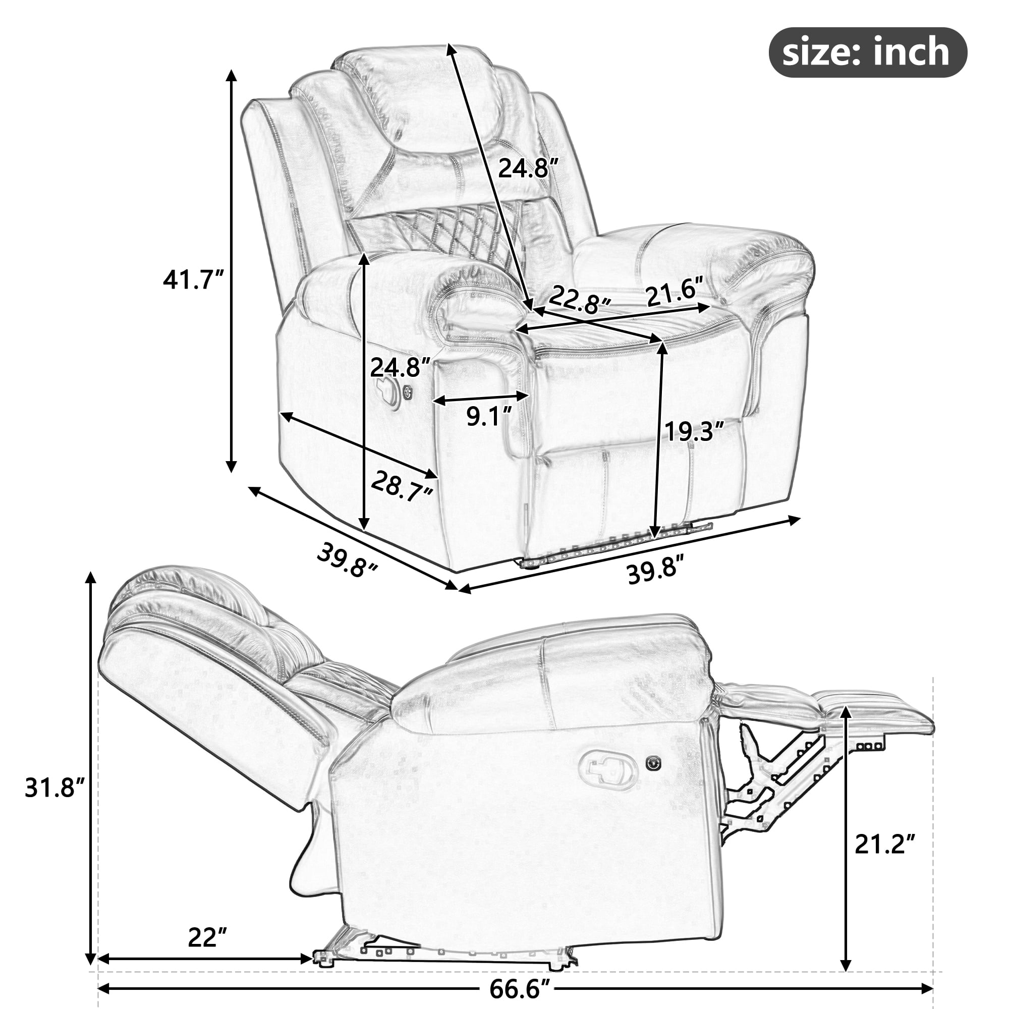 Euroco Home Theater Seating Manual Recliner Chair with LED Light Strip for Living Room,Bedroom, Wine Red