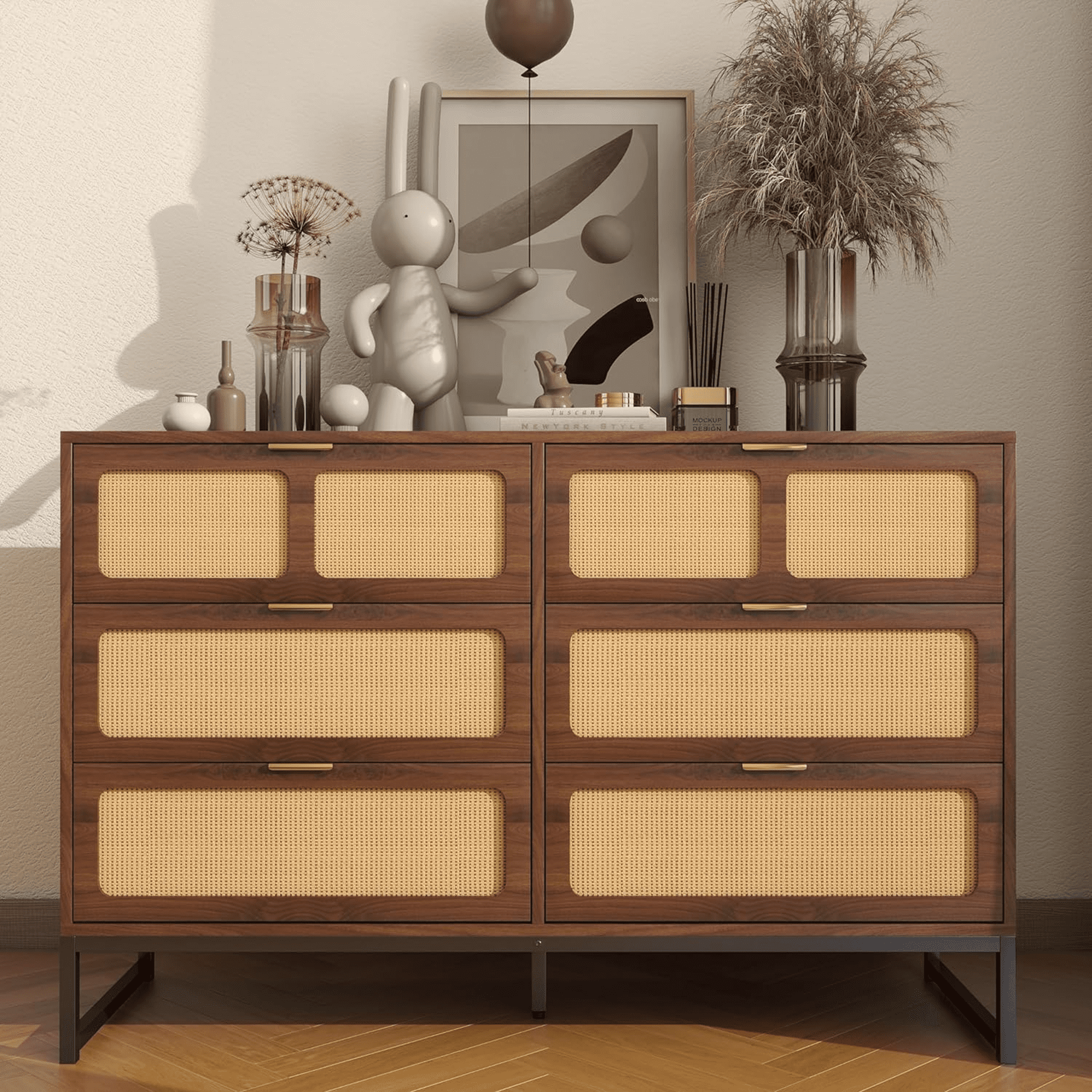 6 Drawer Double Dresser, Rattan Chest of Drawers, Wood Storage Chest for Bedroom Living Room
