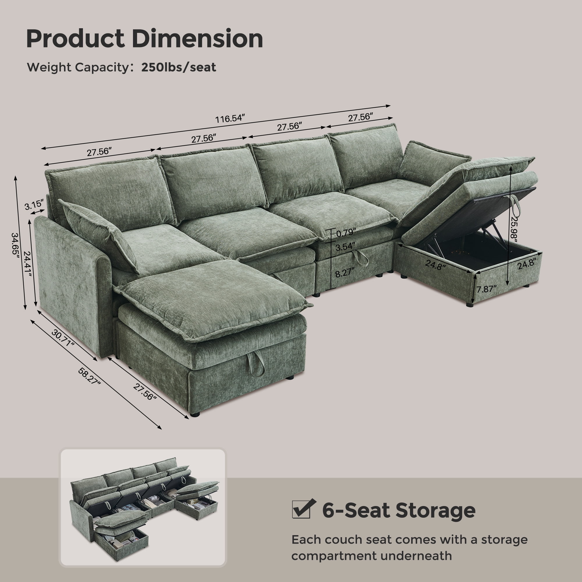 wow97e Modern Sectional Couch Set for Living Room, U-Shaped Cloud Sofa Couch with Large Storage, Chenille Fabric, 4 Seat Couch with 2 Movable Ottomans