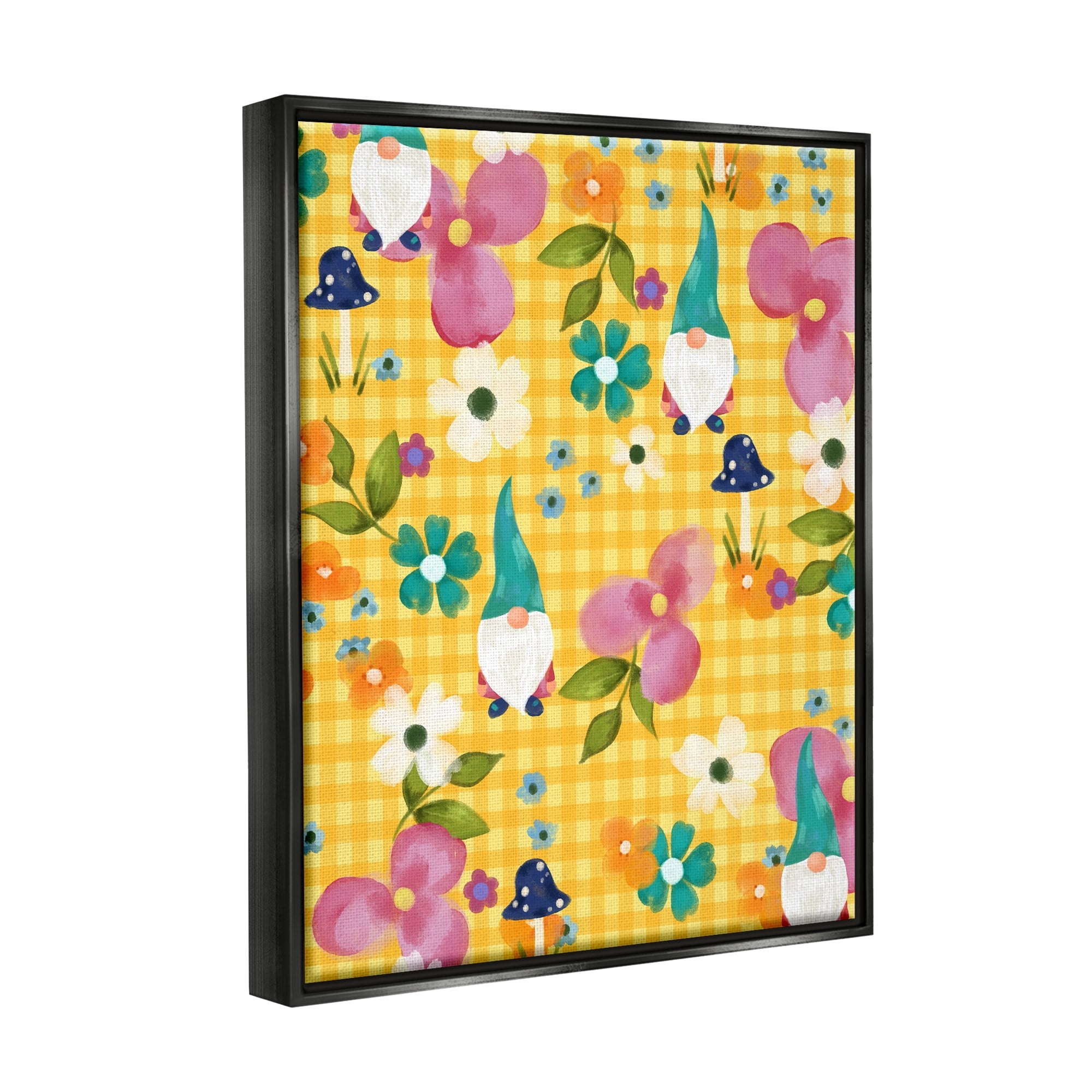 Stupell Industries Yellow Tartan Patterned Spring Gnomes Mushrooms Graphic Art Luster Gray Floating Framed Canvas Print Wall Art, Design by Laura Konyndyk